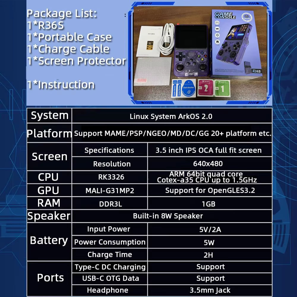 R36S Retro Game Console Handheld Video Arkos 2.0 System 3.5 Inch Single Card Portable Pocket Video Player 64GB 128GB 20000 Games